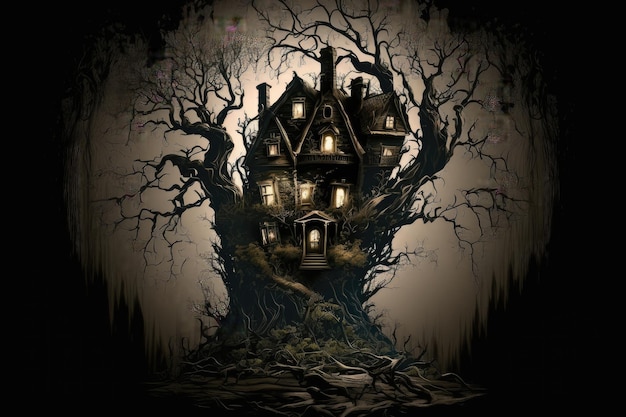 Otoczony ciemnymi przerażającymi drzewami dom grozy