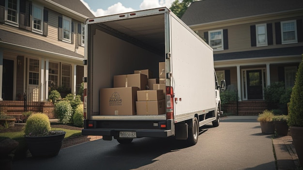 Otwarta ciężarówka pełna kartonowych pudełek na podjeździe do domu na przedmieściach
