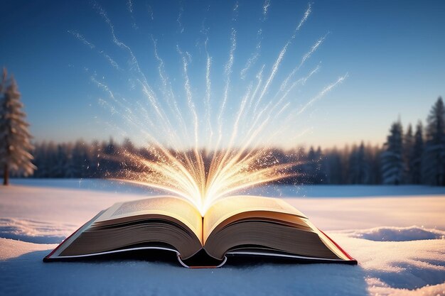 Zdjęcie otwarta książka emitująca błyszczące światło na tle zimowego jasnego nieba koncepcja nowej epoki lub duchowego znaczenia