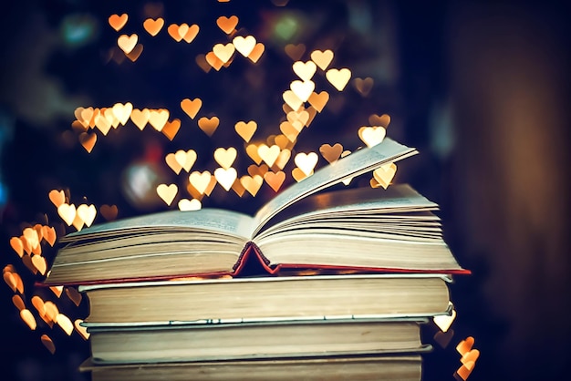 Zdjęcie otwarta książka książka na tle bokeh w kształcie serca walentynki symbolem miłości