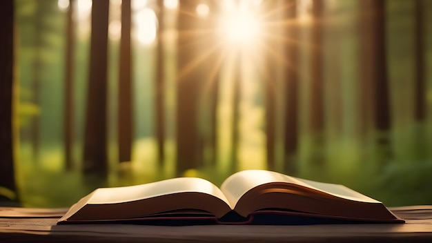 Otwarta książka leżąca na stole w leśnej naturze w świetle słońca