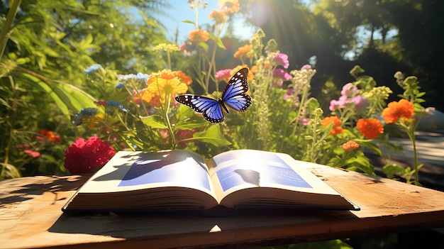 Otwarta książka na stole w rezerwacie motyli