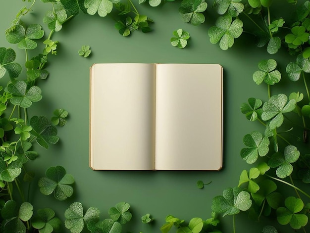 otwarta książka otoczona zielonymi roślinami na zielonej powierzchni