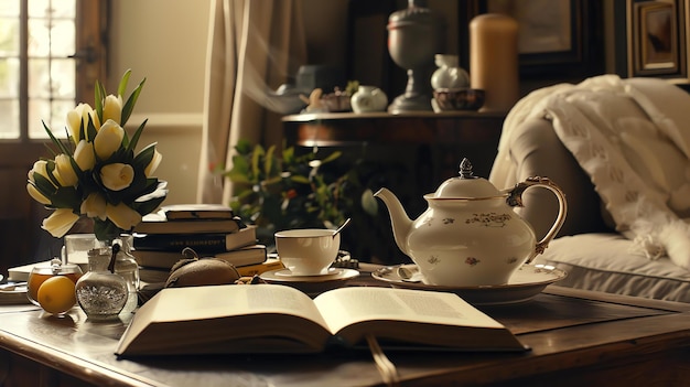 Otwarta książka siedzi na stole z filiżanką herbaty i czajnikiem na stole jest wazon z kwiatami i rośliną