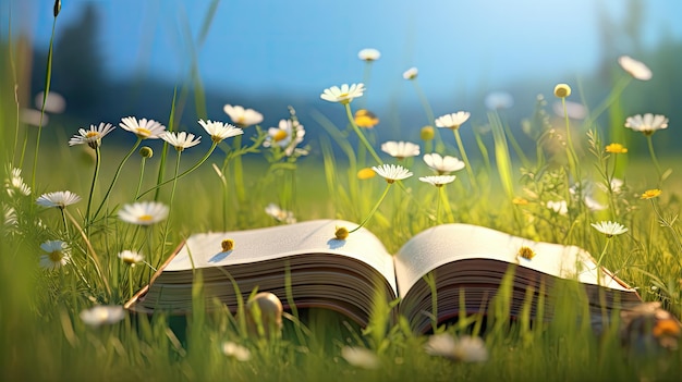 otwarta książka w trawie na polu z kwiatami rumianku i masłańca w słoneczny wiosenny dzień