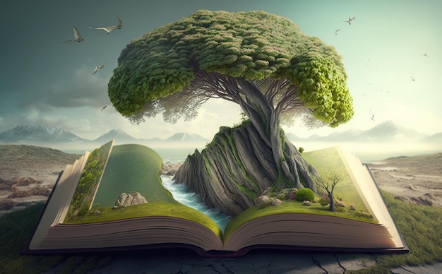 Otwarta książka z drzewem na górze i krajobrazem pośrodku.
