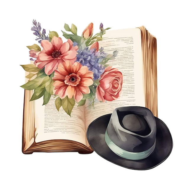 Otwarta książka z kapeluszem z wstążką z kwiatami Akwarela ręcznie malowana izolowana ilustracja