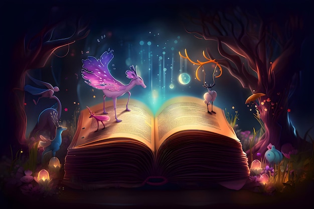 Otwarta książka z magicznym światem w bajkowym lesie Generative AI 3