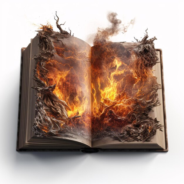 Otwarta książka z płomieniami wychodzącymi z niej.