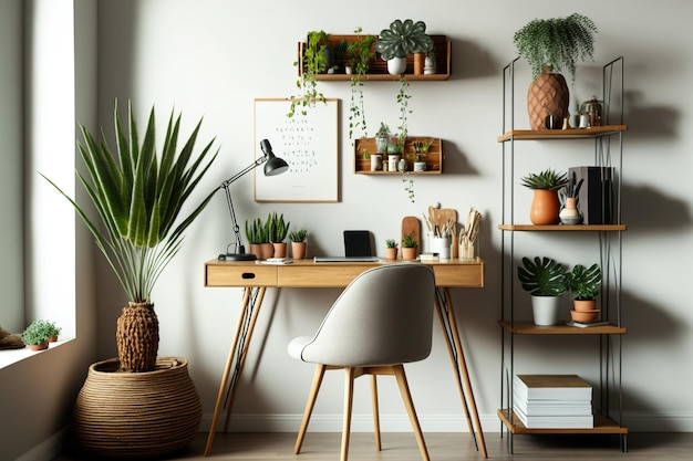 Otwarta przestrzeń do pracy w modnym i artystycznym domu z drewnianą lampą biurkową, laptopem i białą półką, piękne osobiste akcesoria i design, minimalistyczny wystrój wnętrz wypełniony botaniką i roślinami
