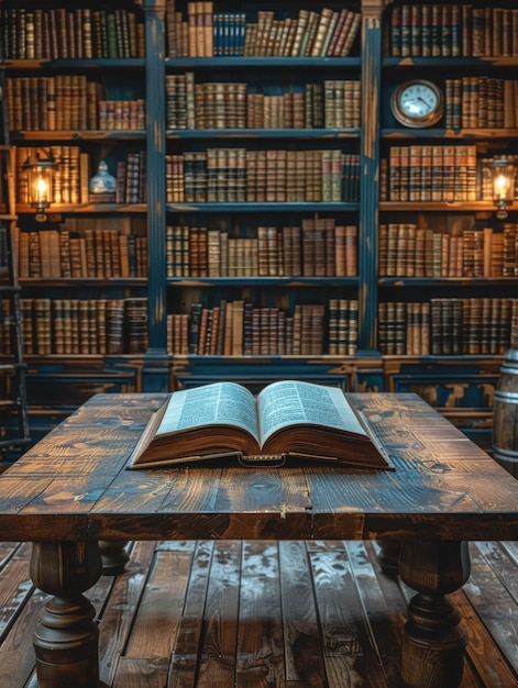 Otwarta starożytna książka na drewnianym stole w bibliotece
