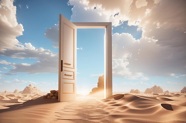 Otwarte drzwi na pustyni Nieznana koncepcja i koncepcja uruchomienia To jest ilustracja 3D renderowania 3D