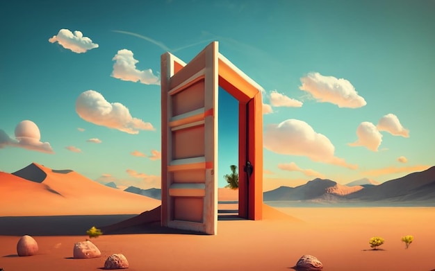 Otwarte drzwi na pustyni Nieznana koncepcja i koncepcja uruchomienia To jest ilustracja 3D