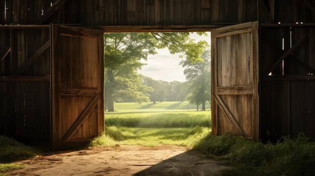 Zdjęcie otwarte drzwi stodoły.