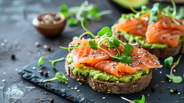 Otwarte kanapki z solonym łososiem guacamole awokado i mikrogreenami Zdrowa żywność