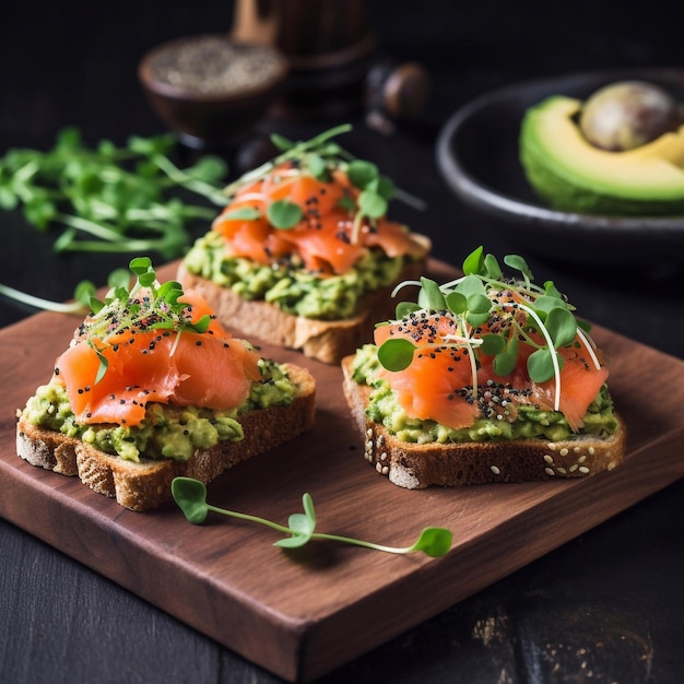 Otwarte kanapki z solonym łososiem, guacamole, awokado i świeżą warzywą