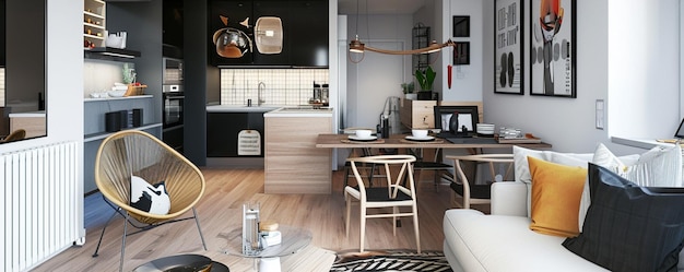 Otwarte mieszkanie typu studio z małą białą kuchnią i salonem Generative Ai
