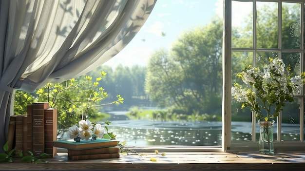 Otwarte okno domku z kwiatami i książkami ma widok na zielone drzewa na zewnątrz