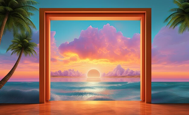 Otwarte okno z tropikalnym krajobrazem i oceanem w stylu y2k lub vaporwave Różowy wschód słońca w stylu lat 90.