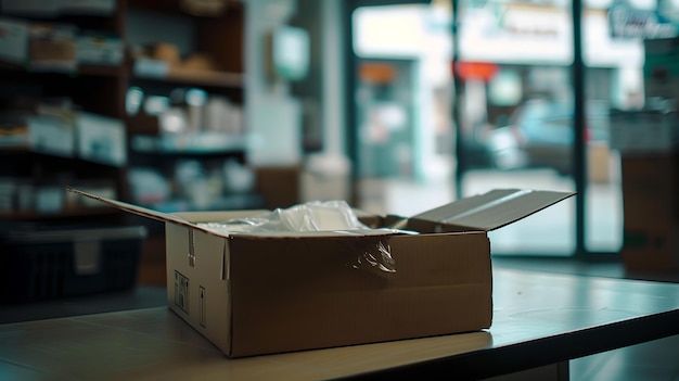 Otwarte pudełko kartonowe na stole w pokoju symbolizującym zakupy online i usługi dostaw pakietów dostosowane do wygody AI