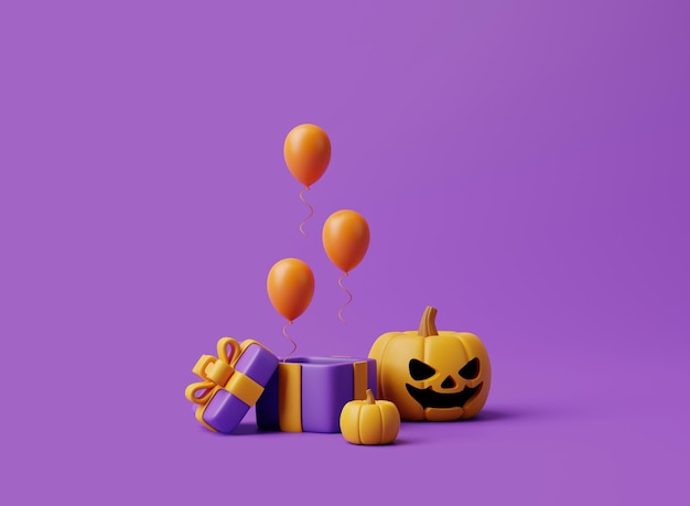 Otwarte pudełko z balonami i dyniami Halloween Jack o Lantern na fioletowym tle renderowania 3D