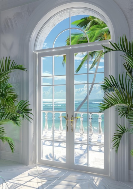 Otwarte szklane drzwi balkonowe z widokiem na piękną plażę i morze
