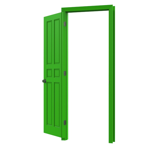 Otwarte zielone izolowane drzwi zamknięte renderowanie ilustracji 3d