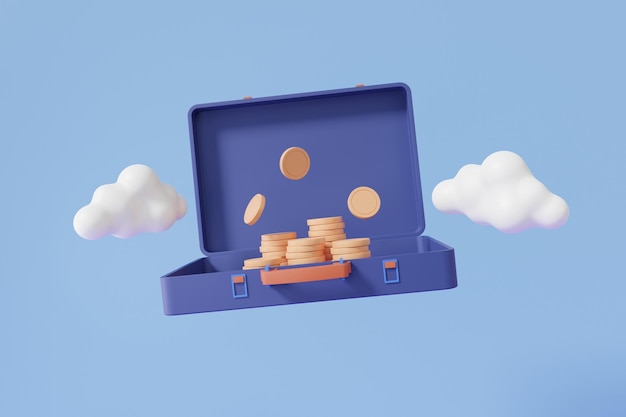 Otwarto jedną teczkę stos pieniędzy monety unoszące się w minimalnym stylu kreskówki na błękitnym tle inwestowanie finanse biznes koncepcja 3d render ilustracja