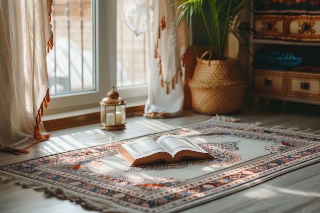 Otwarty Koran na muzułmańskim dywanie modlitewnym