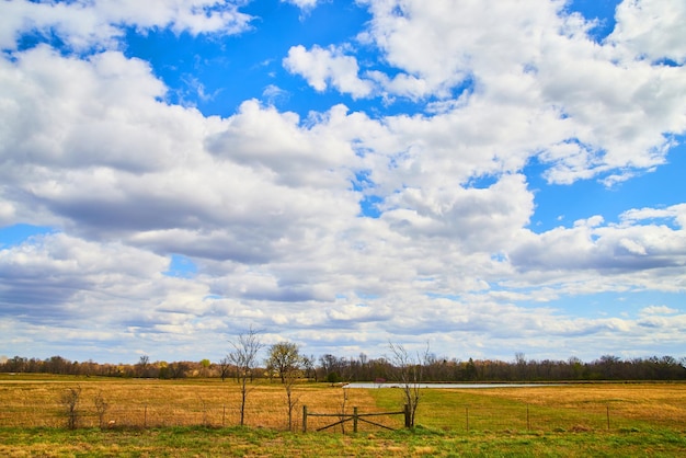 Otwarty krajobraz pól uprawnych z żywym niebem i puszystymi chmurami