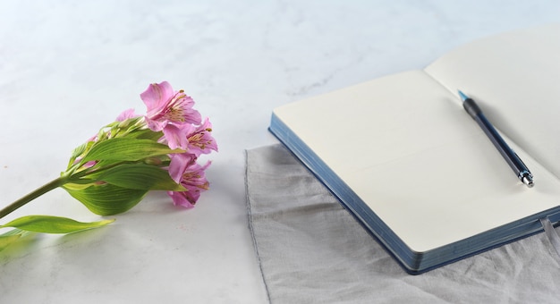Otwarty notatnik z kwiatami na białym marmurze