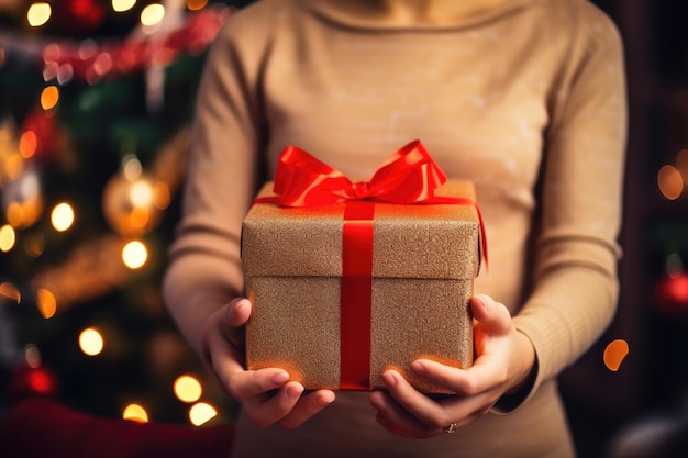 Otwieranie prezentu świątecznego na tle świątecznej choinki Przytulne dłonie rozpakowują czerwoną wstążkę