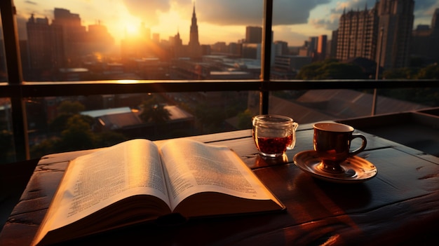 otwórz Biblię w oknie o zachodzie słońca