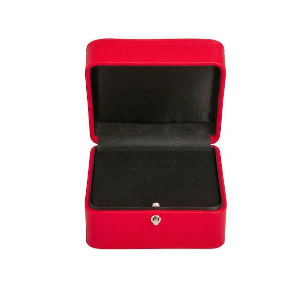 Zdjęcie otwórz czerwone pudełko z biżuterią z czarnym aksamitem w środku na białym tle zbliżenie