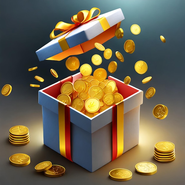 Otwórz ikonę pudełka z prezentami 3D z pływającymi złotymi monetami Złota moneta w pudełku z prezentami
