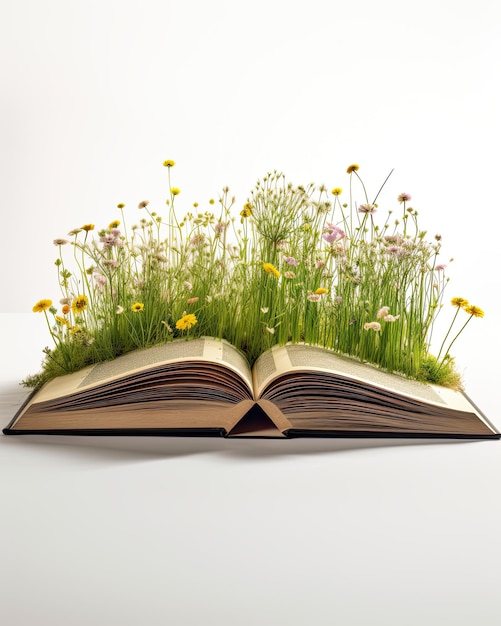 Zdjęcie otwórz książkę na białym tle z trawą i kwiatami stworzoną za pomocą technologii generative ai