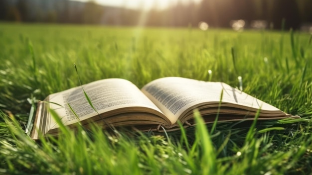 Otwórz książkę na tle pola trawy i łąki