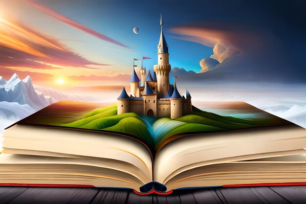 Otwórz książkę z wyłaniającym się światem fantazji Ilustracja zamku nad książkąGenerative