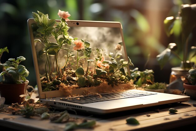 Zdjęcie otwórz laptop i telefon komórkowy na stole z rosnącą grafiką zdjęcie przestrzeni roboczej generowane przez ai