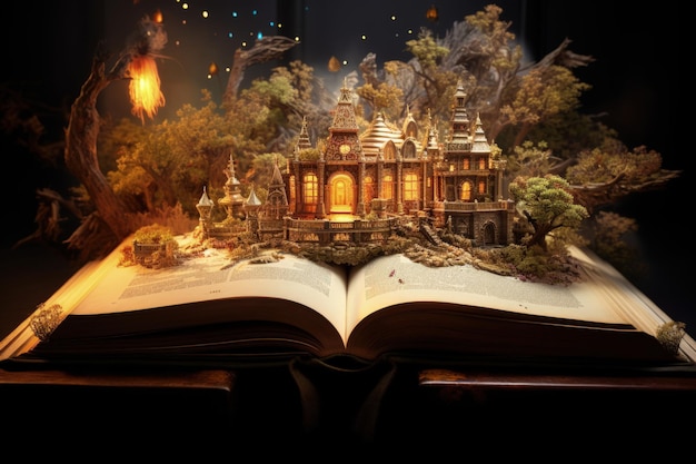 Otwórz magiczną księgę zawierającą fantastyczne historie Czytanie książek i literatury pozwala zanurzyć się w świat wyobraźni otwiera granice dla fantazji do budowania własnego świata