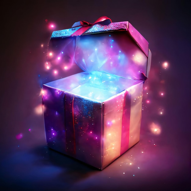 Otwórz pudełko prezent z światłem z wnętrza prezenty jako symbol dnia prezentów i miłości