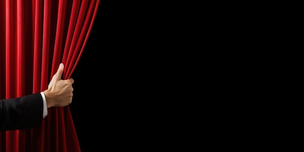 Zdjęcie otwórz ręcznie czerwoną kurtynę sceniczną izolowaną na czarno z miejscem na tekst