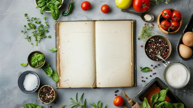 Otwórz starą książkę kucharską otoczoną świeżymi składnikami kuchennymi