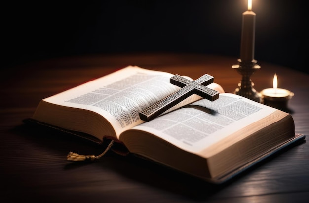 Otwórz Świętą Biblię z krzyżem na stole oświetlonym świecą Symbol pokory błaganie wierzyć