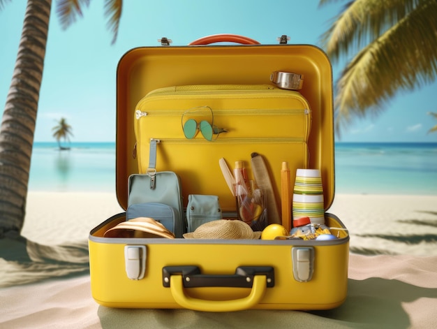 Otwórz żółtą walizkę z rzeczami do podróży turystycznych na plaży z palmami