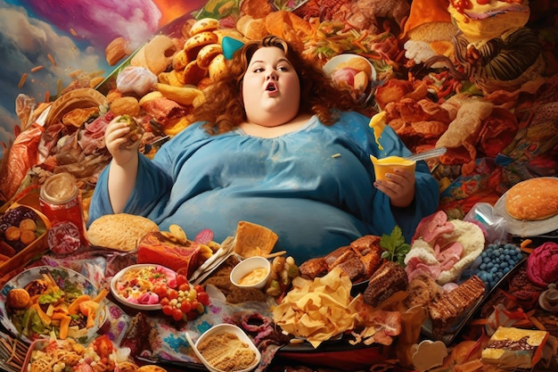 Otyła kobieta jedząca śmieciowe jedzenie Generative AI