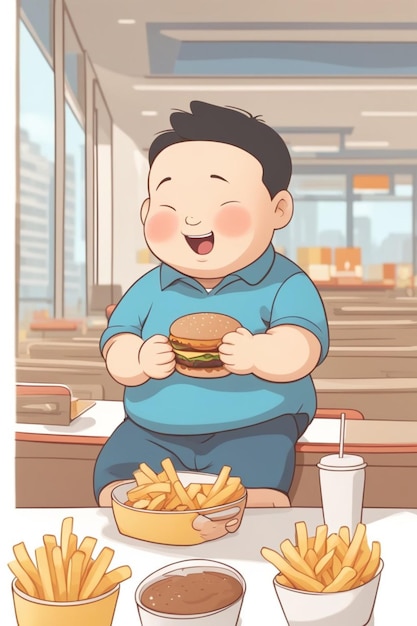 otyły chłopiec dziewczyna je fast food hamburger frytki niezdrowe jedzenie koncepcja ilustracja