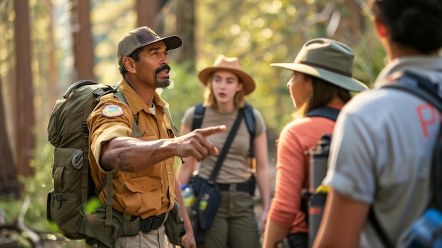 Zdjęcie outdoor instructor pointing out features to attentive tourists in the wilderness