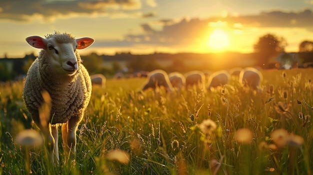 owca na polu trawy z słońcem za nią