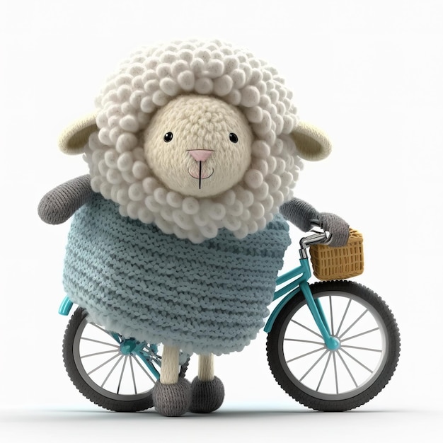 Owca na rowerze z koszem na nim.